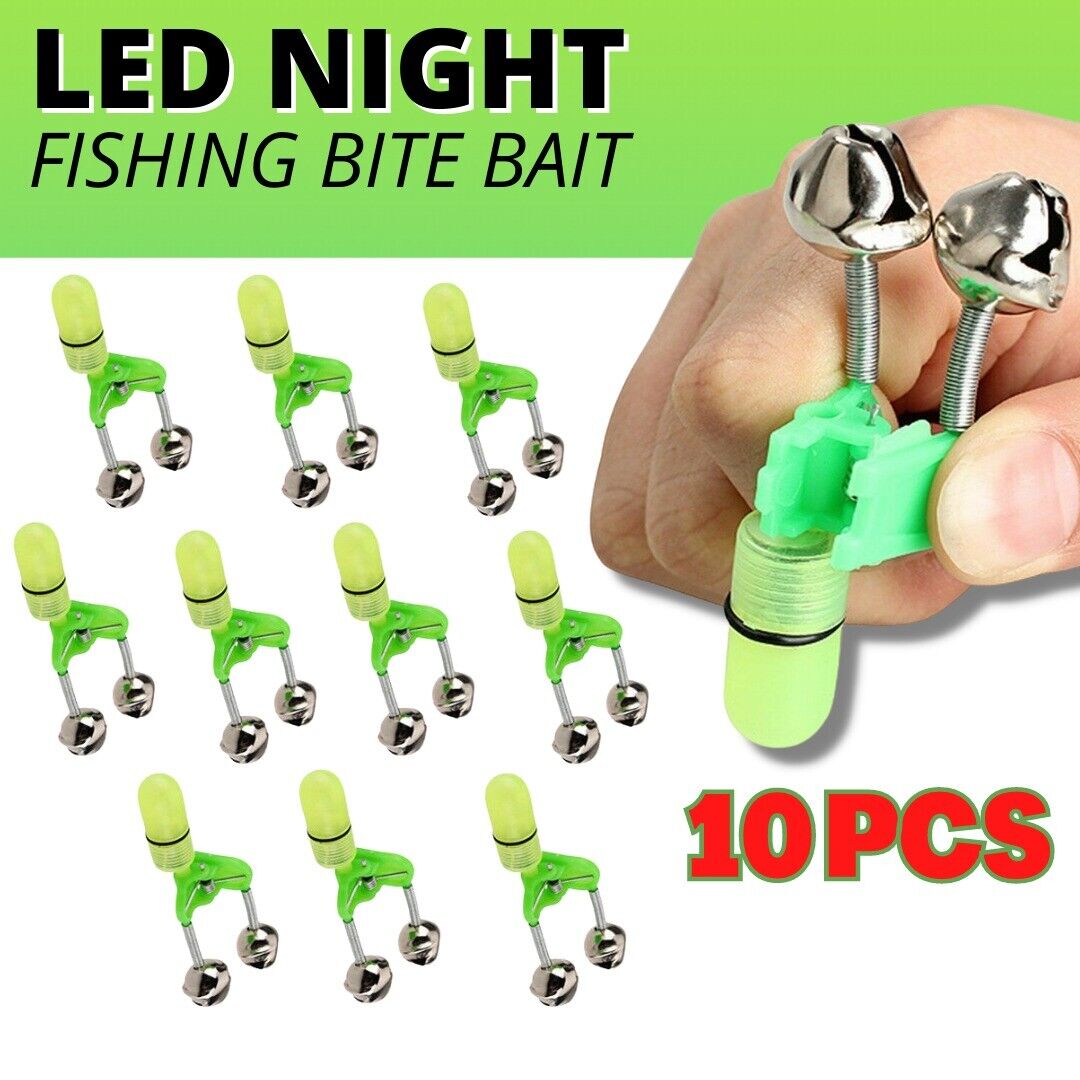 10x LED Night Fishing Bait Bite Alarm Twin 2 Bells Light Rod Tip Clip Alert Ring