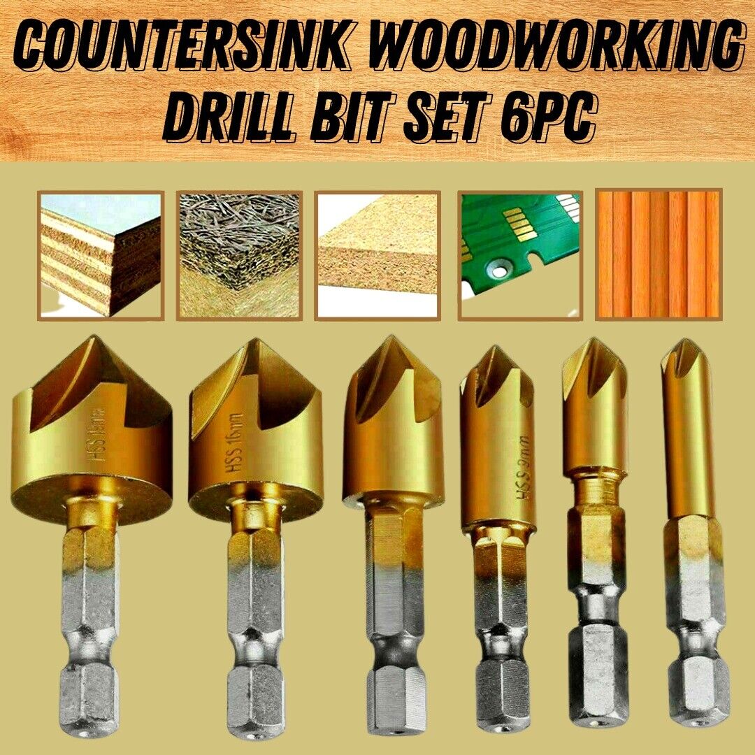 6Pcs Countersink Drill Bit Set 1 4 Hex Shank HSS Woodworking Pilot Screw Holes