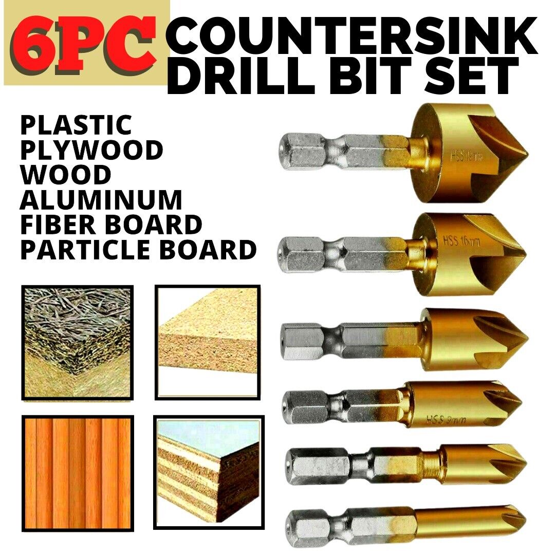 6Pcs Countersink Drill Bit Set 1 4 Hex Shank HSS Woodworking Pilot Screw Holes