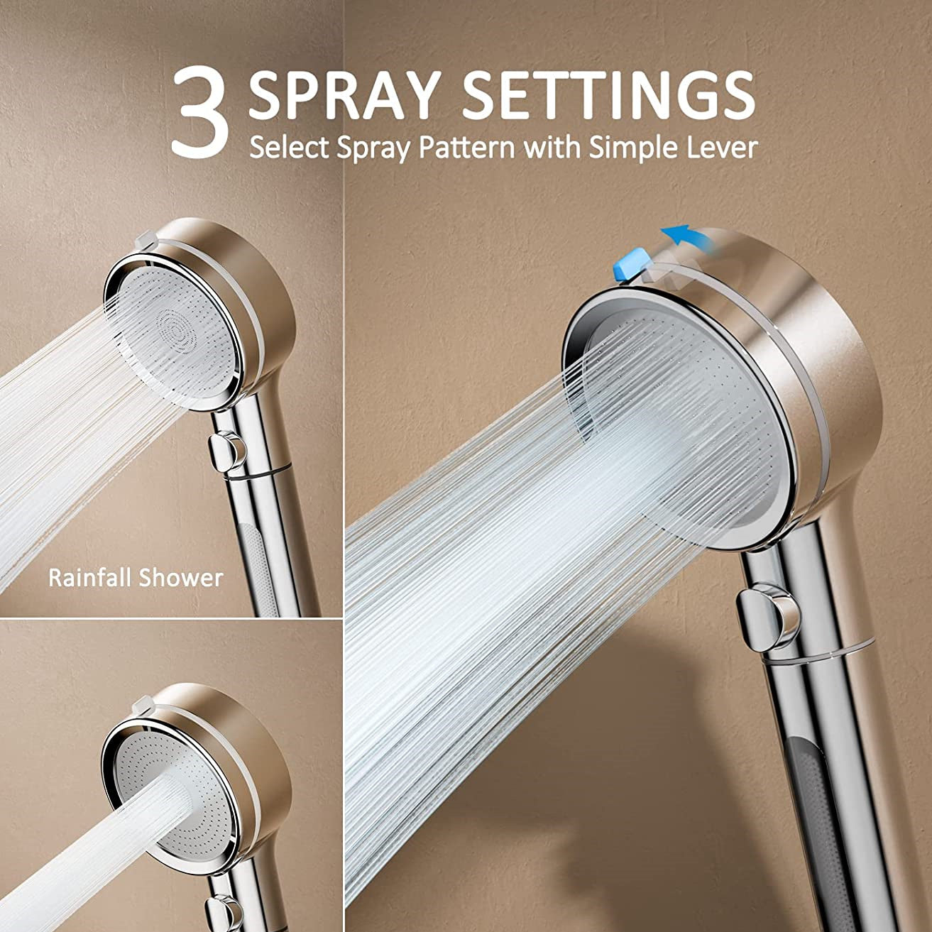High Pressure Filtered Shower Head Handheld With ON OFF Switch, 3 Spray Setting Modes Without Hose