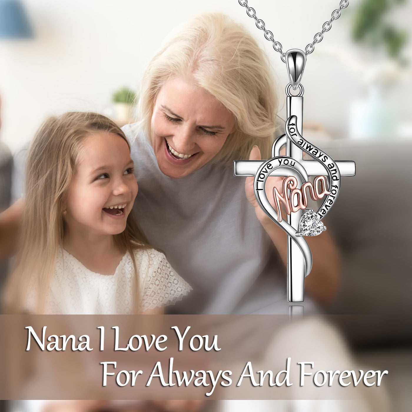 Sterling Silver Nana Cross Necklace with Zircon Girl for Nana