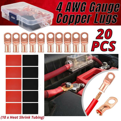 20pcs 4 AWG Gauge Copper Lugs W BLACK & RED Heat Shrink End Ring Terminals Wire